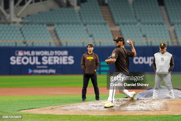 Yu Darvish of the San Diego Padres practices during the 2024 Seoul Series Workout Day at Gocheok Sky Dome on Tuesday, March 19, 2024 in Seoul, South...