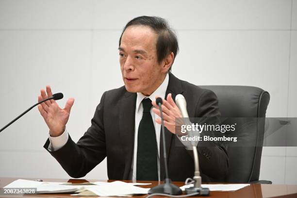 Kazuo Ueda, governor of the Bank of Japan , during a news conference at the central bank's headquarters in Tokyo, Japan, on Tuesday, March 19, 2024....