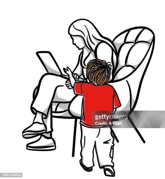parenting and technology red - mother and baby and laptop stock illustrations