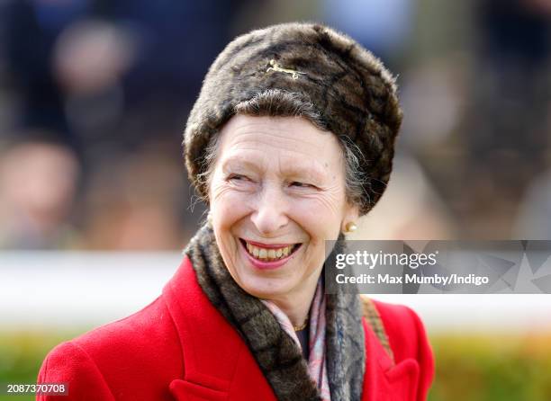 Princess Anne, Princess Royal attends day 4 'Gold Cup Day' of the Cheltenham Festival at Cheltenham Racecourse on March 15, 2024 in Cheltenham,...