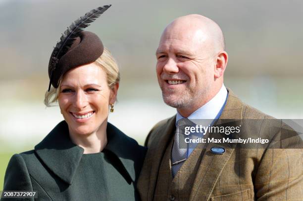 Zara Tindall and Mike Tindall attend day 4 'Gold Cup Day' of the Cheltenham Festival at Cheltenham Racecourse on March 15, 2024 in Cheltenham,...