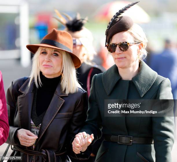 Katherine Kelly and Zara Tindall attend day 4 'Gold Cup Day' of the Cheltenham Festival at Cheltenham Racecourse on March 15, 2024 in Cheltenham,...