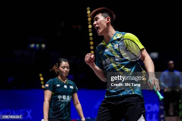 Ye Hong Wei and Lee Chia Hsin of Chinese Taipei react in the Mixed Doubles Quarter Finals match against Robin Tabeling and Selena Piek of the...