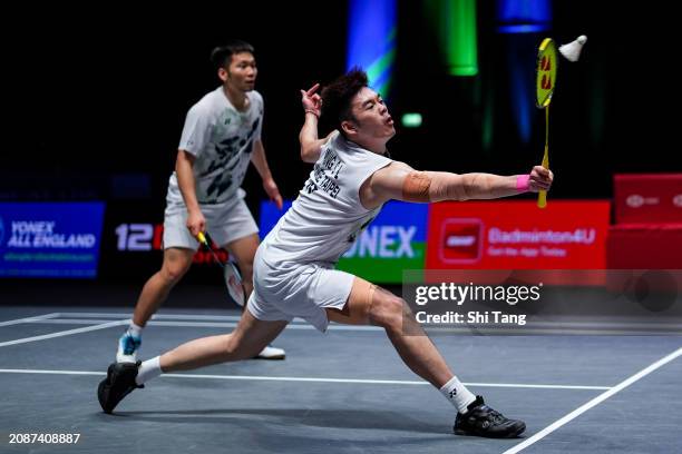 Lee Yang and Wang Chi-Lin of Chinese Taipei compete in the Men's Doubles Quarter Finals match against Fajar Alfian and Muhammad Rian Ardianto of...