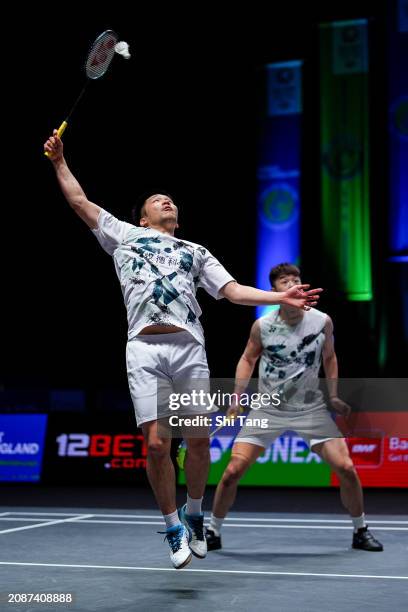 Lee Yang and Wang Chi-Lin of Chinese Taipei compete in the Men's Doubles Quarter Finals match against Fajar Alfian and Muhammad Rian Ardianto of...