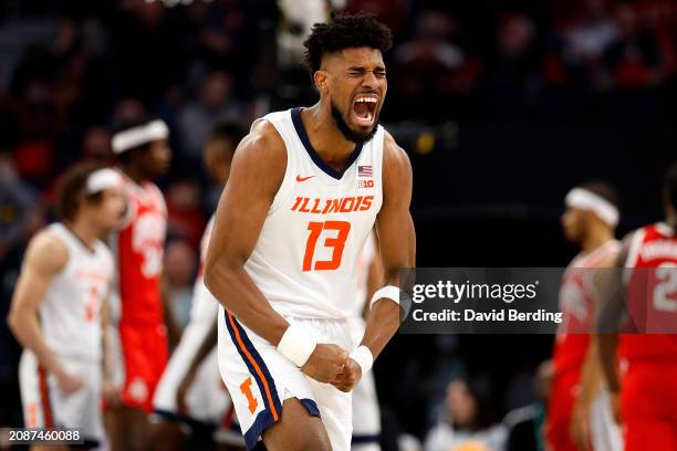 Quincy Guerrier of the Illinois Fighting Illini celebrates against the Ohio State Buckeyes in the second half at Target Center in the Quarterfinals...