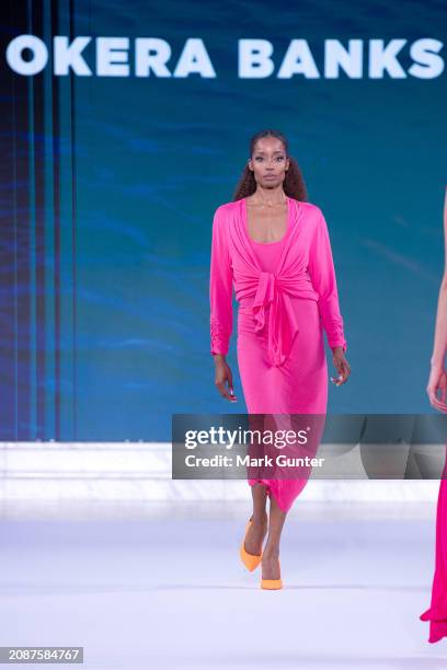 Model walks the runway wearing Okera Banks for the NAACP Fashion Show at Vibiana on March 15, 2024 in Los Angeles, California.