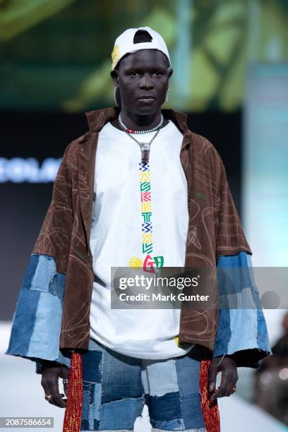Model walks the runway wearing Chocolate Clothes Global for the NAACP Fashion Show at Vibiana on March 15, 2024 in Los Angeles, California.