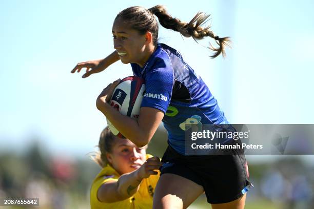 Jaymie Kolose of the Blues makes a break during the round three Super Rugby Aupiki match between Blues and Hurricanes Poua at Bell Park on March 16,...