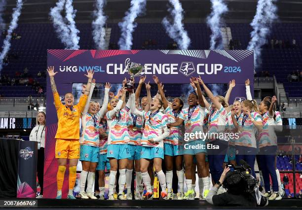 San Diego Wave FC celebrate winning the 2024 NWSL Challenge Cup at Red Bull Arena on March 15, 2024 in Harrison, New Jersey. The San Diego Wave FC...