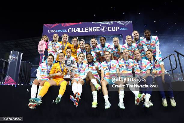 San Diego Wave FC players and coaches pose for a team photo after defeating NJ/NY Gotham FC to win the NWSL Challenge Cup at Red Bull Arena on March...