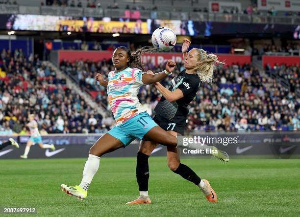 Jaedyn Shaw of the San Diego Wave FC and Maitane Lopez of the NJ/NY Gotham FC go after the ball during the second half of the 2024 NWSL Challenge Cup...