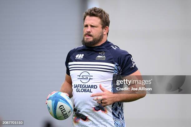 James Slipper of the Brumbies warms up ahead of the round four Super Rugby Pacific match between Highlanders and ACT Brumbies at Forsyth Barr...