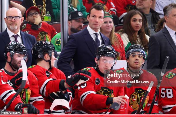 Head coach Luke Richardson of the Chicago Blackhawks looks on against the Los Angeles Kings during the third period at the United Center on March 15,...