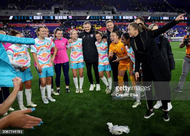 Head coach Casey Stoney of the San Diego Wave FC celebrates with her team after the 2024 NWSL Challenge Cup at Red Bull Arena on March 15, 2024 in...