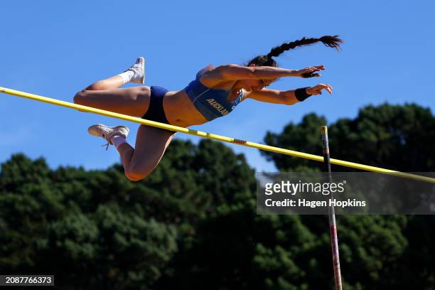 Eliza McCartney of Auckland competes in the Women’s Senior Pole Vault during the 2024 New Zealand Athletics Championships at Newtown Park on March...