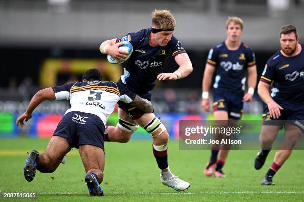 Fabian Holland of the Highlanders charges forward during the round four Super Rugby Pacific match between Highlanders and ACT Brumbies at Forsyth...
