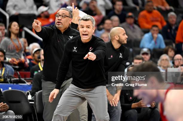 Head coach Tony Bennett of the Virginia Cavaliers reacts to a call in the second half against the North Carolina State Wolfpack in the Semifinals of...