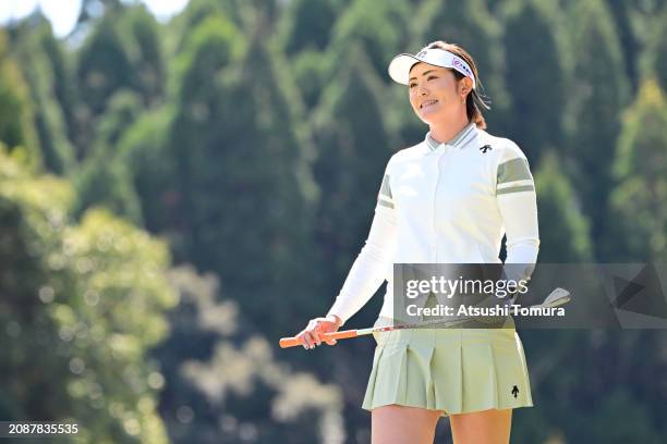 Ayaka Watanabe of Japan smiles during the second round of V POINT x ENEOS GOLF TOURNAMENT at Kagoshima Takamaki Country Club on March 16, 2024 in...