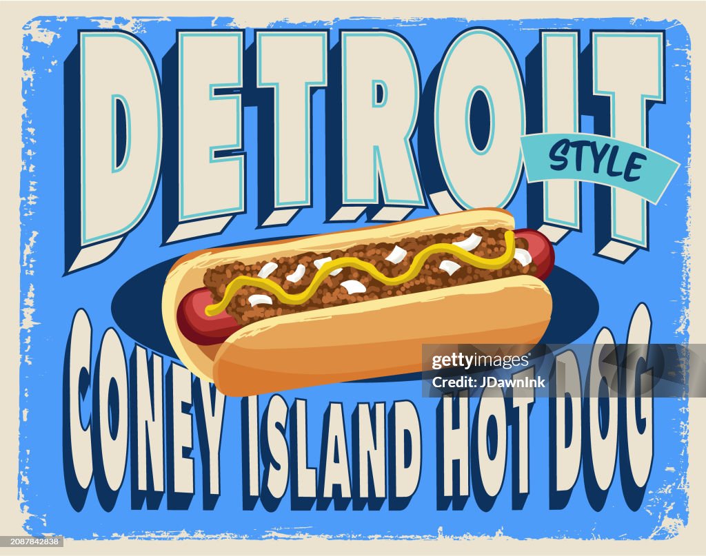 Detroit Style Coney Island Hot Dog retro vintage Diner sign design concept