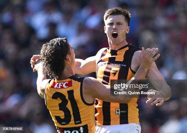 Mitch Lewis of the Hawks celebrates kicking a goal during the round one AFL match between Essendon Bombers and Hawthorn Hawks at Melbourne Cricket...