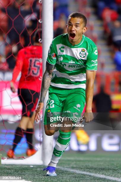 Ronaldo Prieto of Santos celebrates after scoring the team's second goal during the 12th round match between Tijuana and Santos Laguna as part of the...