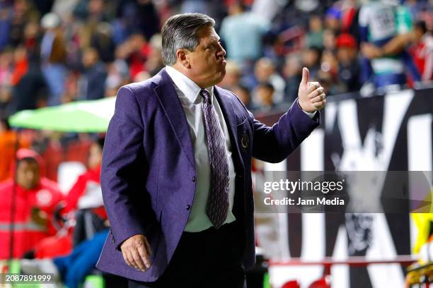 Miguel Herrera, head coach of Tijuana, gestures during the 12th round match between Tijuana and Santos Laguna as part of the Torneo Clausura 2024...