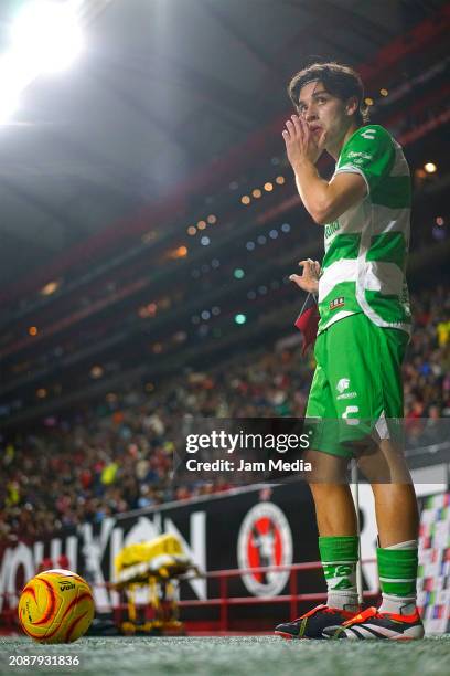 Jordan Carrillo of Santos gestures during the 12th round match between Tijuana and Santos Laguna as part of the Torneo Clausura 2024 Liga MX at...