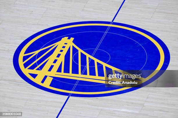 View of logo of Golden State Warriors on the court during NBA game between New York Knicks and Golden State Warriors at Chase Center on March 18,...