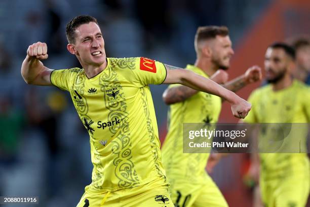 Bozhidar Kraev of the Wellington Phoenix celebrates on full time during the A-League Men round 21 match between Wellington Phoenix and Sydney FC at...