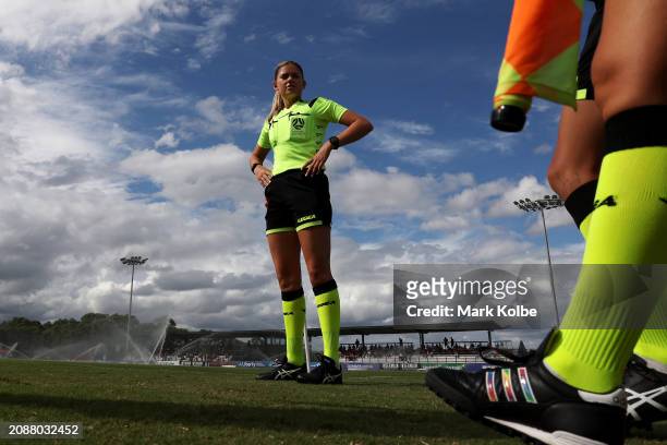 Referee Isabella Mossin prepares to take the field ahead of the A-League Women round 20 match between Western Sydney Wanderers and Perth Glory at...
