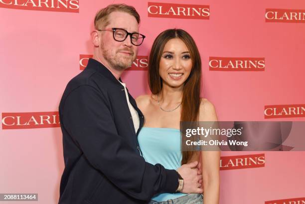 Macaulay Culkin and Brenda Song attend Clarins' new product launch party at Private Residence on March 15, 2024 in Los Angeles, California.