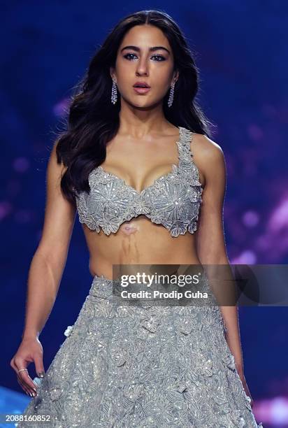 Sara Ali Khan walks the runway for designer Varun Chakkilam at Lakme Fashion Week 2024 on March 16, 2024 in Mumbai, India.