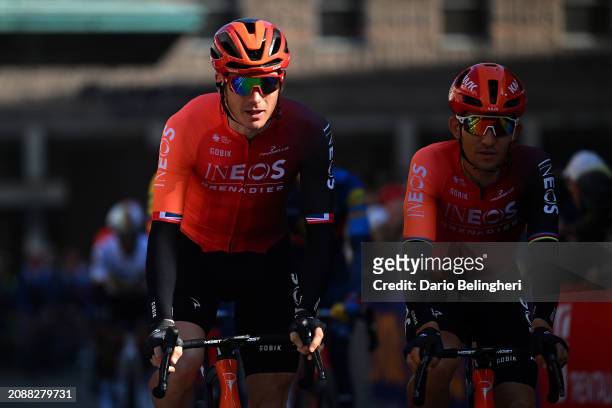 Ben Swift of The United Kingdom and Michal Kwiatkowski of Poland and Team INEOS Grenadiers prior to the 115th Milano-Sanremo 2024 a 288km, one day...