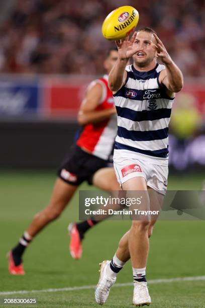 Tom Atkins of the Cats marks the ball during the round one AFL match between Geelong Cats and St Kilda Saints at GMHBA Stadium, on March 16 in...