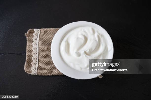 healthy breakfast with fresh greek yogurt on background - sour cream stock pictures, royalty-free photos & images