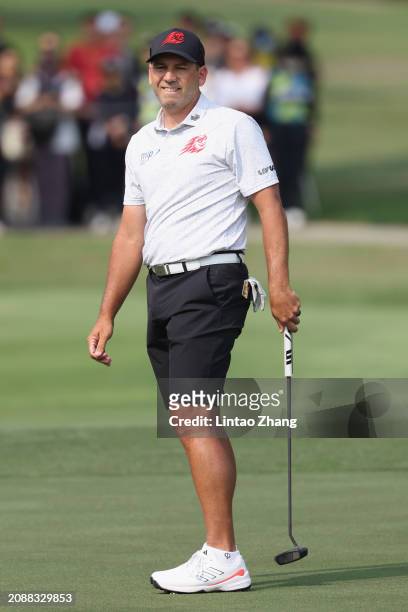Sergio Garcia of FIREBALLS GC reacts during day one of the LIV Golf Invitational - Hong Kong at The Hong Kong Golf Club on March 08, 2024 in Hong...