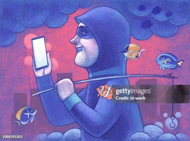 hacker hält angelrute in der hand und schaut auf das smartphone - android malware stock-grafiken, -clipart, -cartoons und -symbole