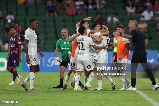 The Wanderers celebrate a goal following a VAR during the A-League Men round 21 match between Perth Glory and Western Sydney Wanderers at HBF Park,...