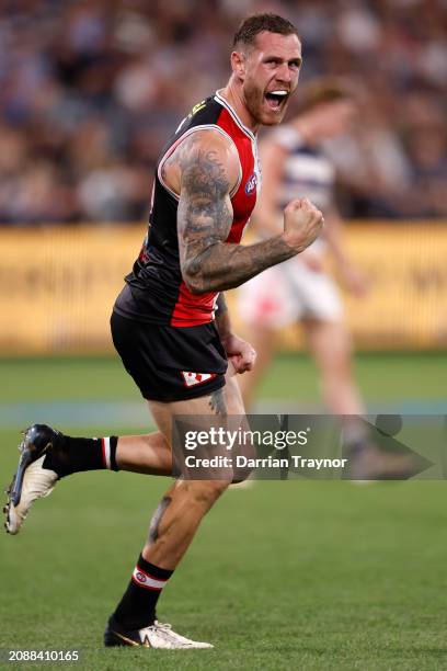 Tim Membrey of the Saints celebrates a goal during the round one AFL match between Geelong Cats and St Kilda Saints at GMHBA Stadium, on March 16 in...