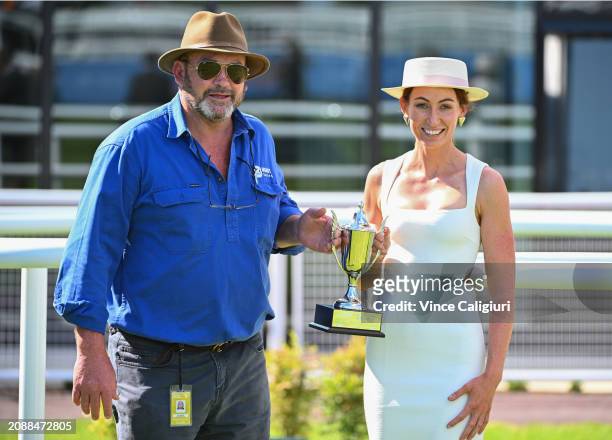 Co Trainers Peter Moody and Katherine Coleman pose after Waltz On By won Race 7, the Catanach's 150 Years The Mystic Journey, during The All-Star...