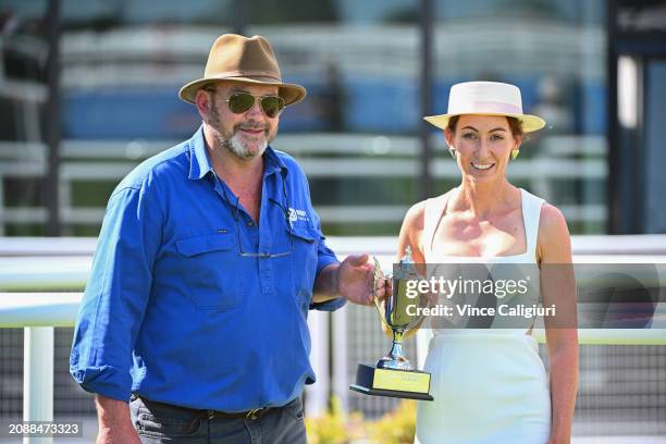 Co Trainers Peter Moody and Katherine Coleman pose after Waltz On By won Race 7, the Catanach's 150 Years The Mystic Journey, during The All-Star...