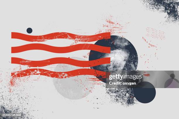 abstract geometric shapes. black & red zig-zag wave and circles with spray brush strokes illustration on gray background - pochette photos et images de collection