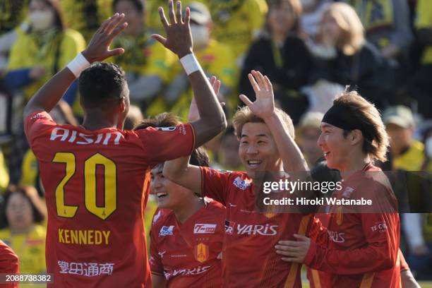 Kensuke Nagai of Nagoya Grampus celebrates scoring his team's first goal during the J.LEAGUE MEIJI YASUDA J1 4th Sec. Match between Kashiwa Reysol...