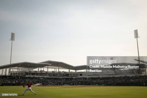 Garrett Whitlock of the Boston Red Sox throws before a game against the Minnesota Twins at JetBlue Park at Fenway South on March 15, 2024 in Fort...