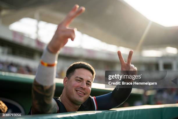 Jose Miranda of the Minnesota Twins looks on during a spring training game against the Boston Red Sox on March 15, 2024 at the JetBlue Park in Fort...