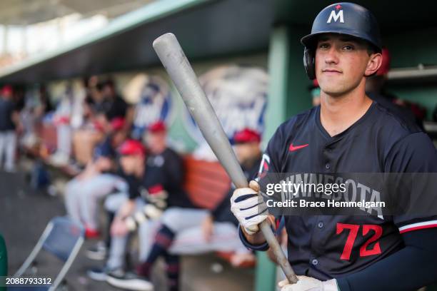 Brooks Lee of the Minnesota Twins looks on during a spring training game against the Boston Red Sox on March 15, 2024 at the JetBlue Park in Fort...