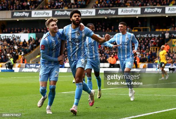 Ellis Simms of Coventry City celebrates with Josh Eccles of Coventry City after scoring his team's first goal during the Emirates FA Cup Quarter...