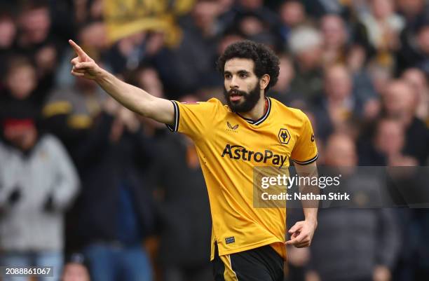 Rayan Ait-Nouri of Wolverhampton Wanderers celebrates scoring his team's first goal during the Emirates FA Cup Quarter Final match between...