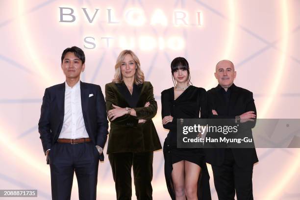 Lisa aka Lalisa Manoban of girl group BLACKPINK and gusts are seen at the BULGARI Studio opening party at Walkerhill Hotel on March 14, 2024 in...